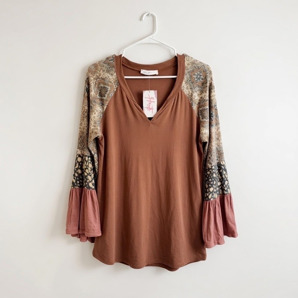 Ces Femme Raglan Boho Chic Patchwork Bell Sleeves Hippie Blouse NWT Medium